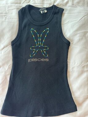 bebe Black Ribbed Tank Top with Multicolor Crystal Pisces Motif